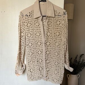 Solitaire Cream Crochet Button-Down Shirt- Size Medium